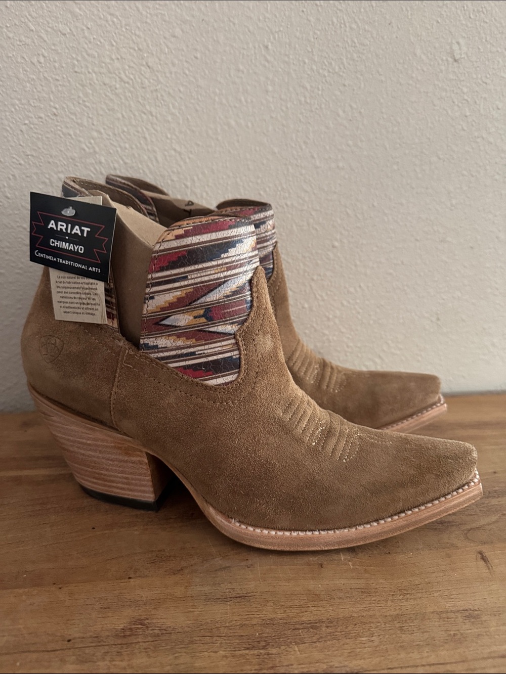 Ariat Tan Suede Western Ankle Booties with Multicolor Fabric Collars